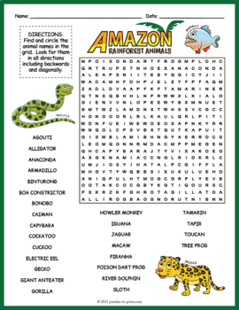 AMAZON RAINFOREST ANIMALS Word Search Puzzle Worksheet Activity | TPT