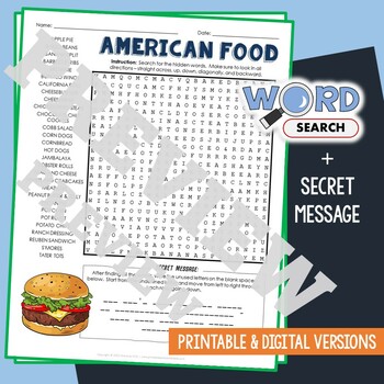 Preview of AMERICAN FOOD Word Search Puzzle Activity Vocabulary Worksheet Secret Message