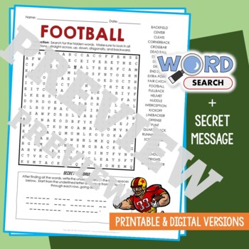 Preview of AMERICAN FOOTBALL Word Search Puzzle Activity Vocabulary Worksheet Secret Code