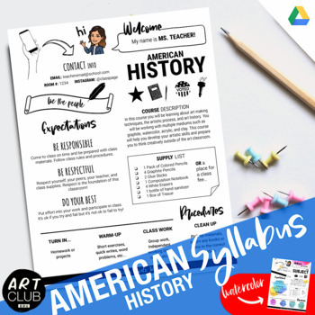 Preview of AMERICAN HISTORY/ U.S. HISTORY SYLLABUS | Editable B&W + Watercolor Version