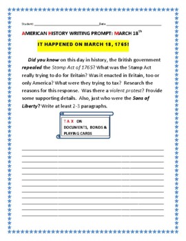 Preview of AMERICAN HISTORY WRITING PROMPT: REPEAL OF STAMP ACT OF 1765/GRS.5-12 AP HISTORY