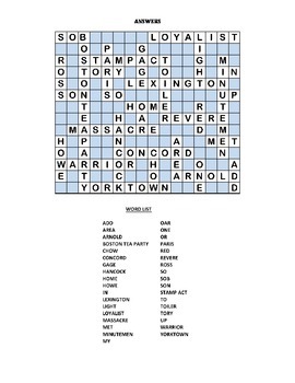 AMERICAN REVOLUTION CROSSWORD PUZZLE (EASY) by Donna Melton TPT