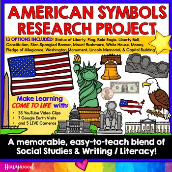 Preview of AMERICAN SYMBOLS RESEARCH . Perfect Blend of Social Studies & Writing / Literacy