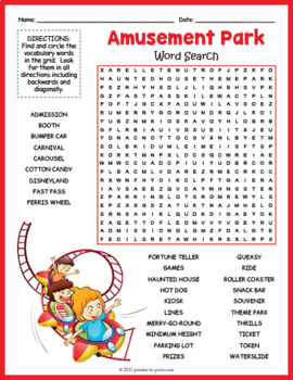 AMUSEMENT THEME PARK Word Search Puzzle Worksheet Activity by Puzzles