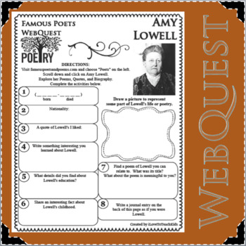 Preview of AMY LOWELL Poet WebQuest Research Project Poetry Biography Notes
