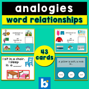 Preview of Analogies Word Relationships - picture analogies & word analogies Boom Cards