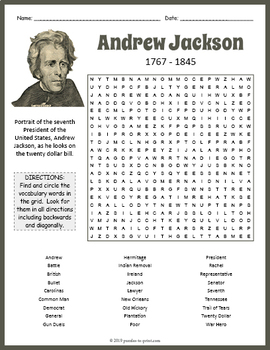 Preview of ANDREW JACKSON Biography Word Search Puzzle Worksheet Activity