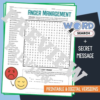 Preview of ANGER MANAGEMENT Word Search Puzzle Activity Vocabulary Worksheet Secret Message