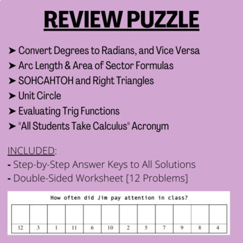 Preview of Angles & Radians, Unit Circle, and More!  REVIEW PUZZLE Worksheet & KEYs