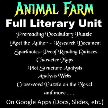 Preview of ANIMAL FARM -- FULL LITERARY UNIT (Quizzes, Character & Plot Maps, etc.)