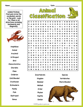 ANIMAL KINGDOM CLASSIFICATION Word Search Puzzle Worksheet Activity