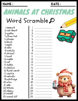 ANIMALS AT CHRISTMAS Word Scramble Puzzle Worksheets Activities For Kids