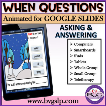 Preview of ANIMATED GIFs WHEN Questions for Google Slides TPT Assessment Asking Answering