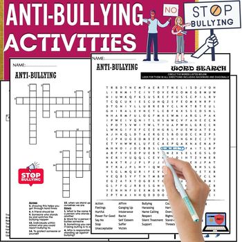 Preview of ANTI BULLYING ACTIVITIES, Word Scramble,Crossword & Wordsearch