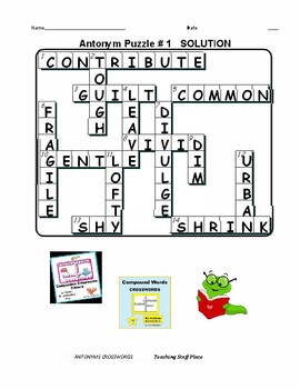 ANTONYMS Crossword Puzzles Early Finishers Activity Gr 5 6 CORE LISTS