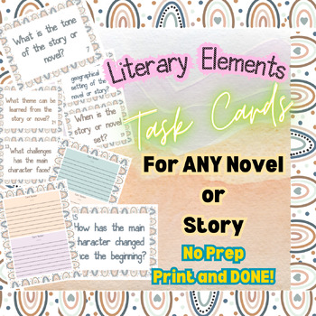 Preview of ANY NOVEL or STORY Literary Elements Task Cards Review 4-12 Boho Theme ELA