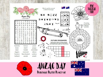 Preview of ANZAC DAY, Puzzle Placemat, crossword puzzles, UK English A4 printable