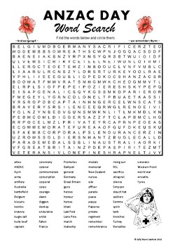 Preview of ANZAC DAY, Word Search Puzzle, Find a word, UK English A4 printable