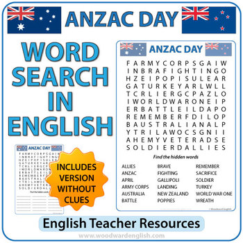 Preview of ANZAC DAY Word Search in English