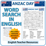 ANZAC DAY Word Search in English