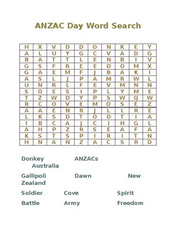 Preview of ANZAC Day Word Search