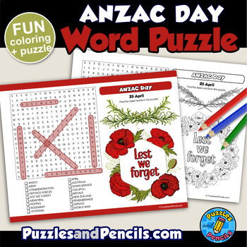 Preview of ANZAC Day Word Search Puzzle and Coloring Activity | Australia and New Zealand