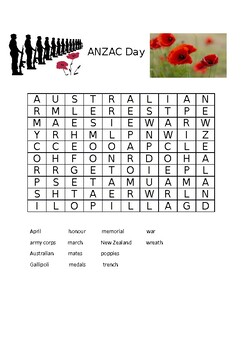 Preview of ANZAC Day wordsearch (basic) - SECRET MESSAGE INSIDE!