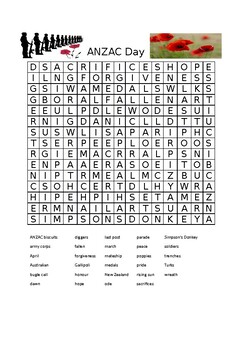 Preview of ANZAC Day wordsearch (advanced) - SECRET MESSAGE INSIDE!