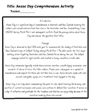 ANZAC Day worksheets (3), comprehension, multiple choice, 