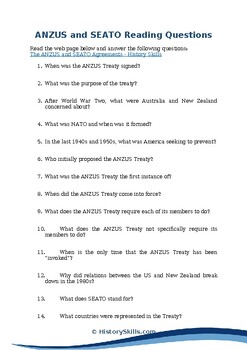 Preview of ANZUS and SEATO Reading Questions Worksheet