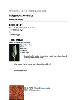 Preview of AP ART HISTORY- READING Group Work on Content 5: Indigenous Americas