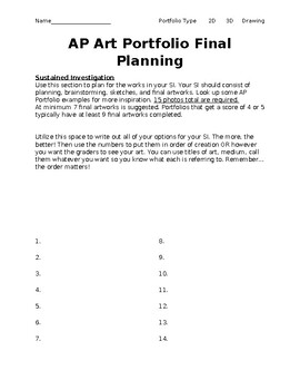 Preview of AP Art Portfolio Final Planning Worksheet