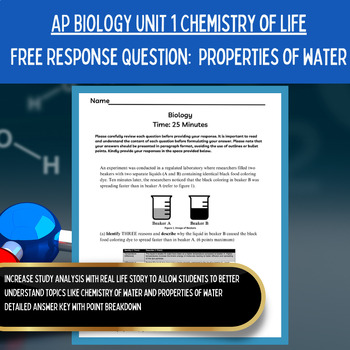 Preview of AP Biology Curriculum | Unit 1 Free Response FRQ | Properties of Water Worksheet