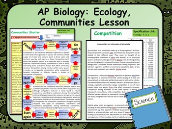 Preview of AP Biology:  Ecology, Communities Lesson & Activities
