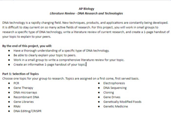 Preview of AP Biology- Literature Review- DNA Research and Technologies