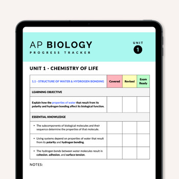 Preview of AP Biology Progress Tracker - Unit 1