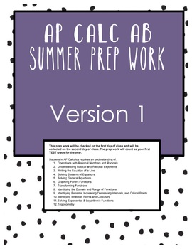 Preview of AP Calc AB Summer Prep Work - Version 1