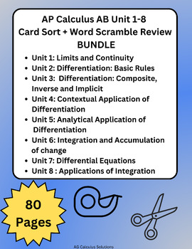 Preview of AP Calculus AB Review Units 1 - 8 Activities - Card Sorts + Word Scramble BUNDLE