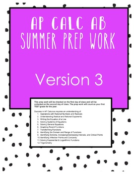 Preview of AP Calculus AB Summer Prep Work - Version 3