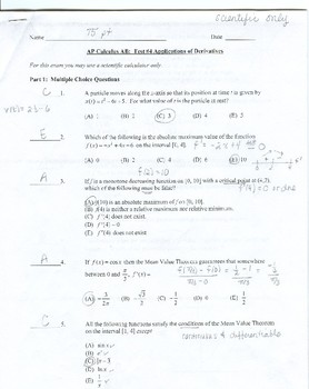 Preview of AP Calculus AB: Unit Exam Derivative Application Answer Key