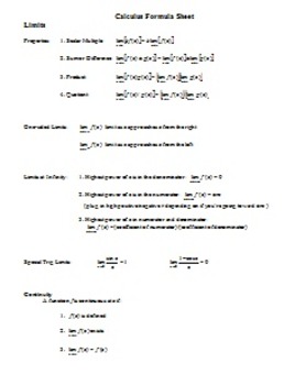 Calculus Formula Chart