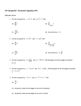 Ap Calculus Parametric Equations Worksheet By Sarah Dragoon Tpt