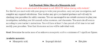 Preview of AP Chemistry Lab Practical: Molar Mass of a Monoprotic Acid