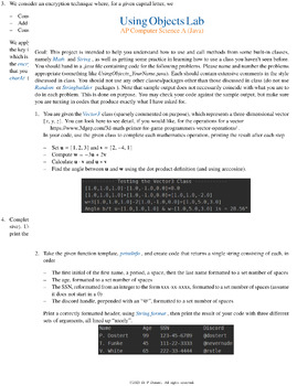 Preview of AP Computer Science A - Using Objects Lab (Java)