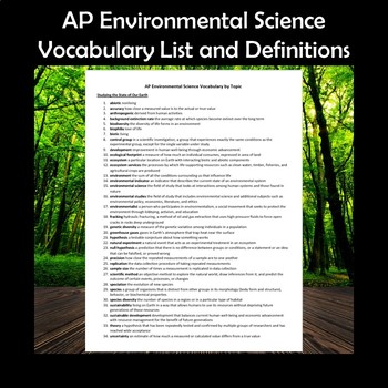 Preview of AP Environmental Science Vocabulary List and Definitions