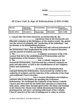 Preview of AP Euro Unit 2: Age of Reformation Quiz/Worksheet