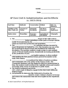 Preview of AP Euro Unit 6: Industrialization and its Effects (c. 1815-1914) Quiz/Worksheet