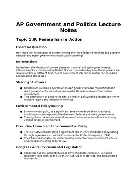Preview of AP Government 1.9: Federalism in Action Lecture Notes