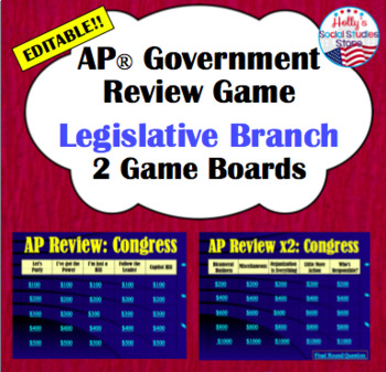 Preview of Legislative Branch (Congress) Review Game: AP® U.S. Government (editable)