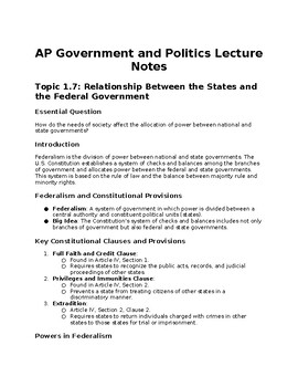 Preview of AP Government Topic 1.7 Relationship Between the States and the Federal Gov't